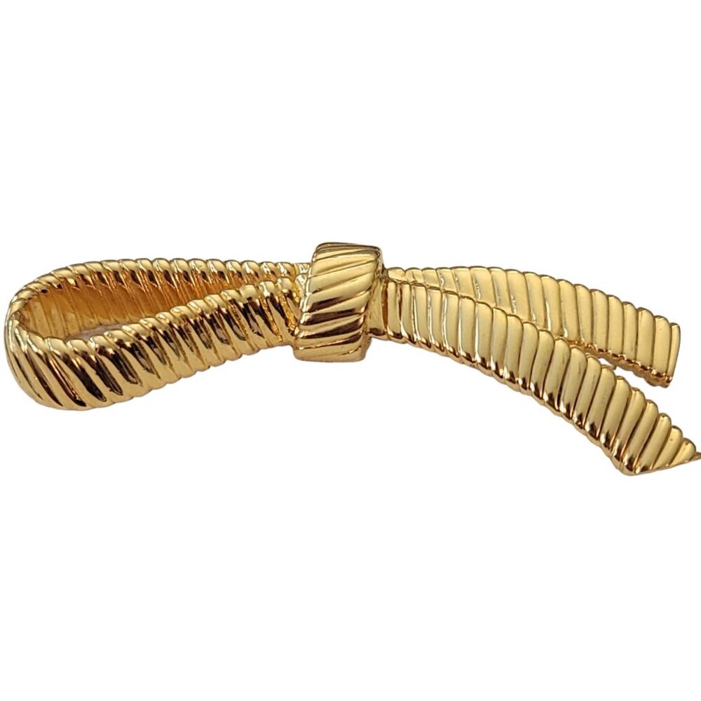 Gold Tone Vintage Ribbed Ribbon Brooch Pin Designer Style, L9